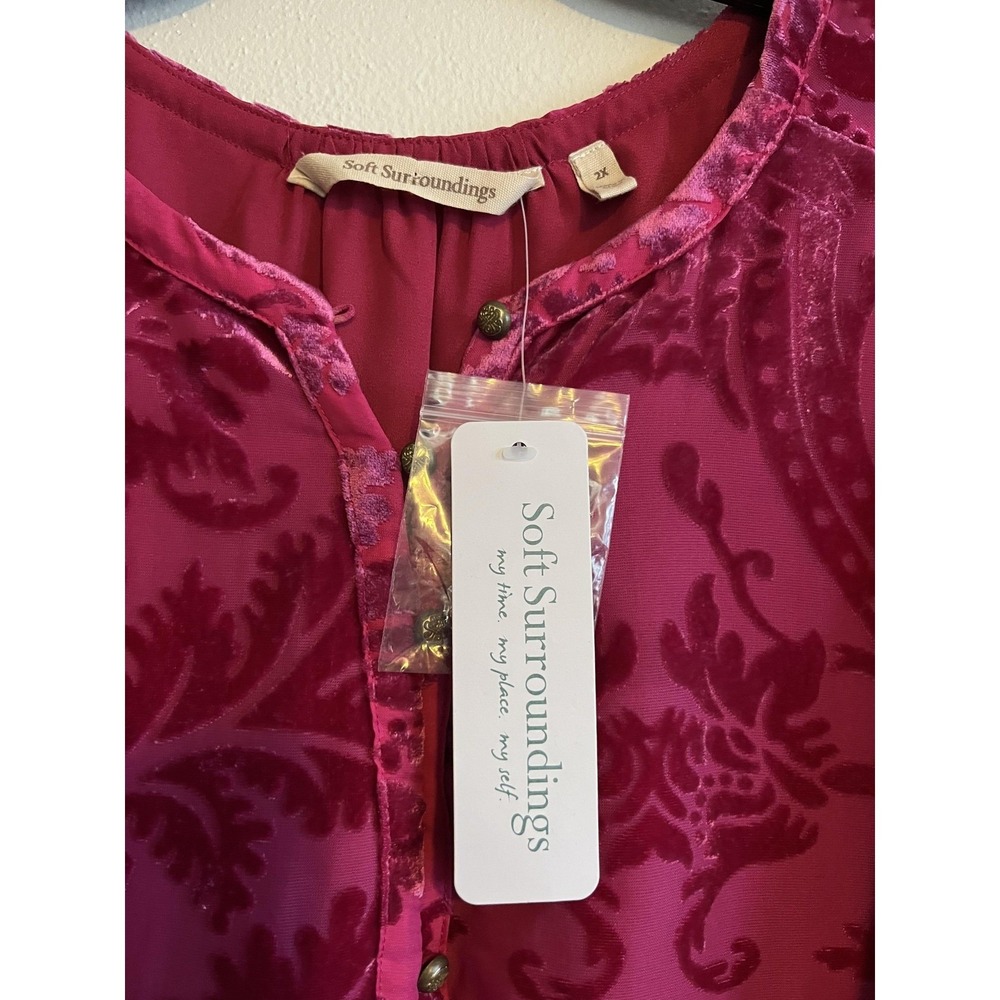Soft Surroundings Blouse Womens 2X Pink Burnout Velvet Damask Long Sleeve Tunic - Picture 2 of 3